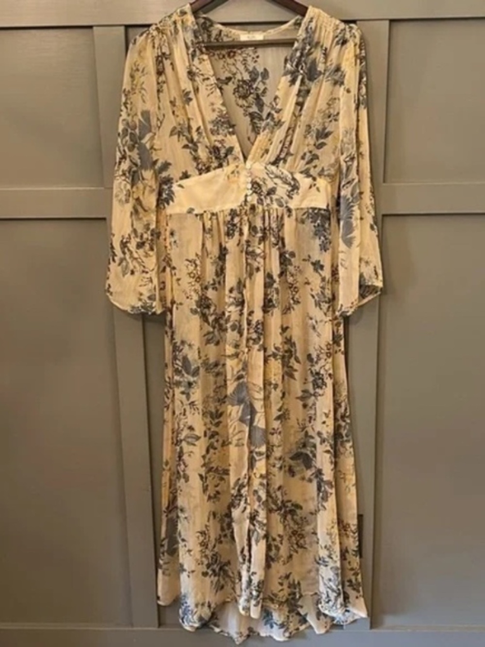 Kori America Floral Kimono Robe Maxi Dress Coverup Yellow Button Front Small